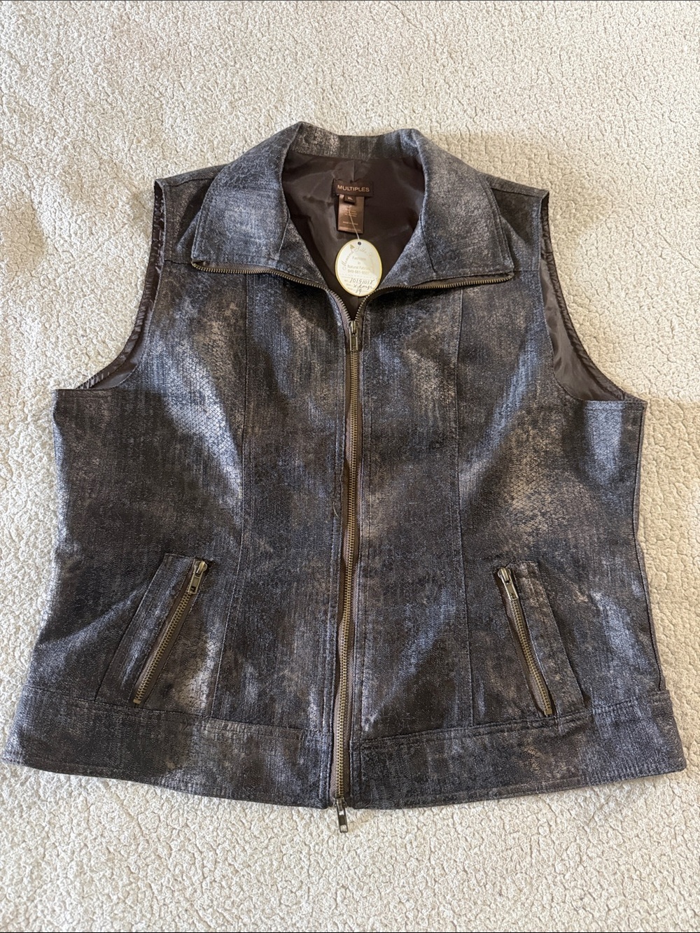 Multiples Metallic Charcoal Zip-Front Vest Size Xl